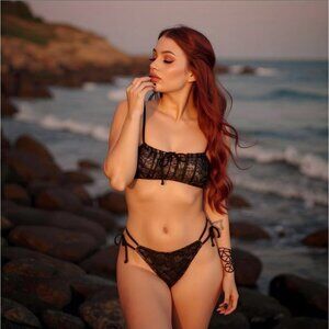 Read My Lips ✦ Lace Bikini Set ✦ XS Black Ruched Tie-Strap Top & Low-Rise Bottom